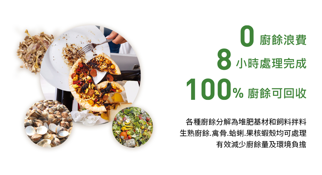 商用廚餘處理機介紹,TKK01 與 TKK05 系列業界廚餘減量可達90%，0廚餘浪費，8 小時處理完成，100%廚餘可回收再利用