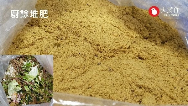 測試樣品介紹,處理內容為社區熟廚餘透過大將作廚餘機處理成堆肥基材處理後狀況